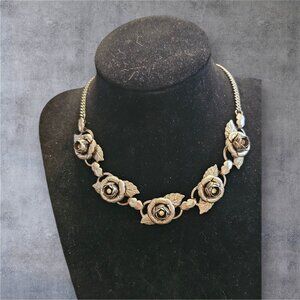 Vintage Silver Tone Rhinestone & Leaf Chain Chocker Necklace 14" Read